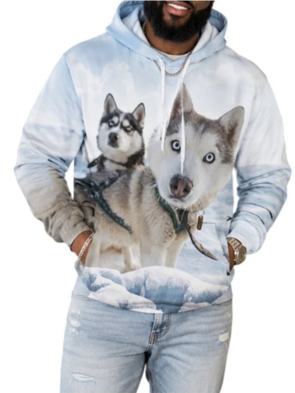 Srcnhim Size Large Hoodie Novelty Siberian Husky 3D Animal Pullover Sweatshirt W